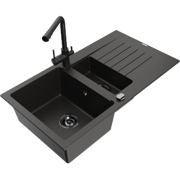 Mexen Matias гранитна мивка 1, 5-камерна с отцедник и кухненски смесител Duero, черен/златен - 6502-75-671600-70-B (6502-75-671600-70-B)