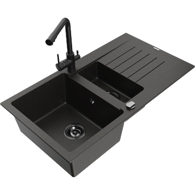 Mexen Matias гранитна мивка 1, 5-камерна с отцедник и кухненски смесител Duero, черен/златен - 6502-75-671600-70-B (6502-75-671600-70-B)