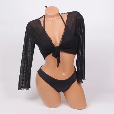 Стилен черен бански с болеро от тюл - чашка В