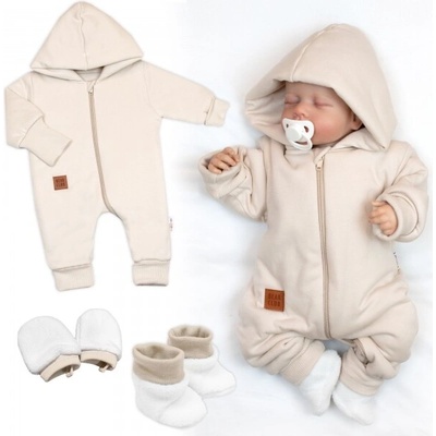 Baby Nellys Bavlnený oteplený overálok s kapucňou rukavičky topánky 3D sada Nature sv. béžový