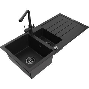 Mexen Andres Гранитна мивка 1, 5-коморна с отцедник и кухненски смесител Duero, черно - 6515-77-671600-70-B (6515-77-671600-70-B)