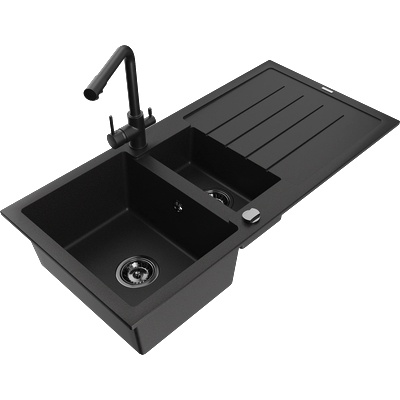 Mexen Andres Гранитна мивка 1, 5-коморна с отцедник и кухненски смесител Duero, черно - 6515-77-671600-70-B (6515-77-671600-70-B)