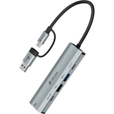 DEVIA PRO2 USB+Type-C HUB 5-в-1 разклонител, PD бързо зареждане, СИВ EC701 (EC701)