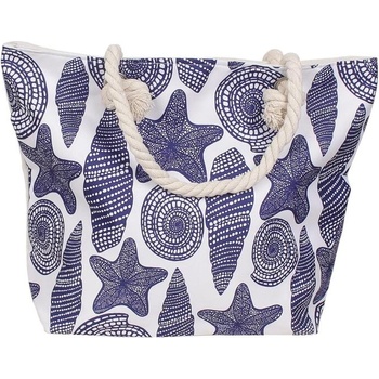 Плажна чанта в бяло с рапани и морски звезди в тъмносиньо