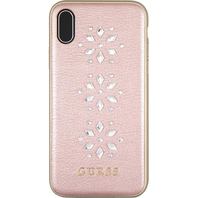 GUESS Studs and Sparkles Leather Hard Case - дизайнерски кожен кейс за iPhone XS, iPhone X (розово злато)