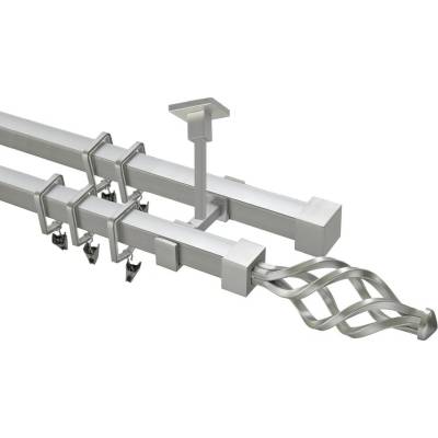 OK-GarnýžeCZ Garnýž kovová hranatá dvouřadá 20x20mm Azur satina 230 cm do stěny / kroužky s háčkem
