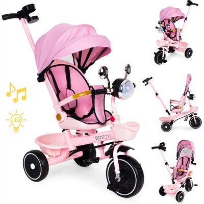 ECOTOYS Dětský tříkolový kočárek s otočným sedadlem růžový