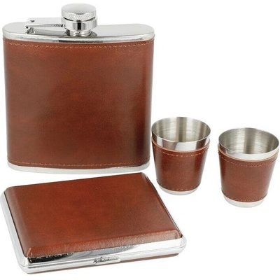 Placatka nerezová + pohárek + cigaretové pouzdro koženka 180 ml