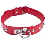Rouge Leather Thin O-Ring Studded Collar with Detachable O-Ring Red