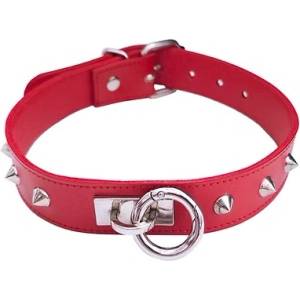 Rouge Leather Thin O-Ring Studded Collar with Detachable O-Ring Red