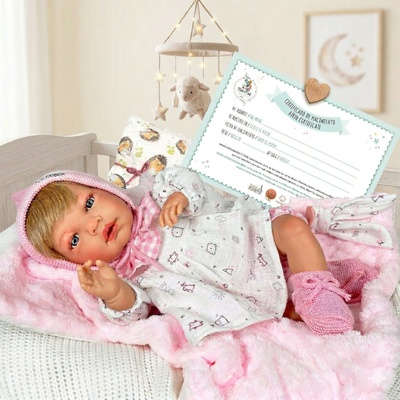 Ръчно изработена кукла от Испания - Reborn Baby Doll - Реалистично бебе с одеяло, шапка и аксесоари в розов цвят (NDO-0232)