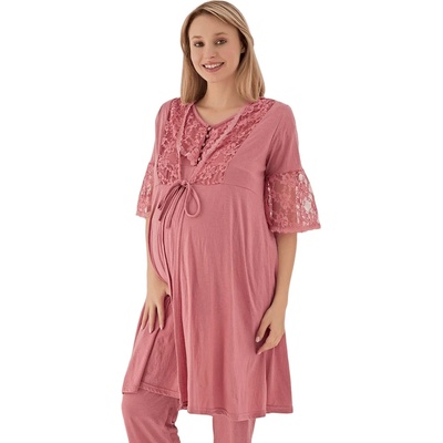 Пижама с халат за бременни в розова пудра