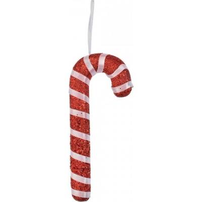 Clayre & Eef Červená třpytivá vánoční ozdoba cukrová hůlka s bílou stuhou - 8*2*17 cm