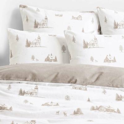 Goldea flanel obliečky duo zima na vidieku na bielom s latte 200x200 2x70x90