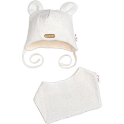 Pletená čepice s bavlněnou podšívkou a šátkem 2v1 Teddy Hand made kokosová bílá