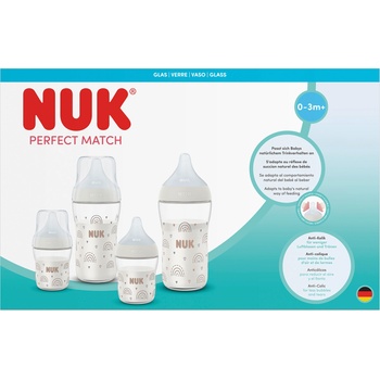 Nuk Perfect Match Сет 5 стъклени шишета - 2х120мл. + 2х230мл. + допълнителен биберон за хранене Flow control1бр (10225351)