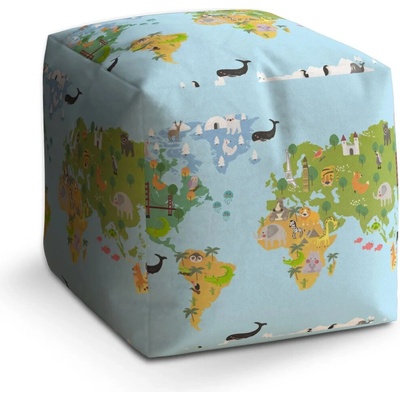 Sablio Taburet Cube Zvířecí mapa světa: 40x40x40 cm
