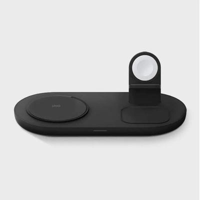 UNIQ Aereo Mag 3-in-1 Wireless Charger 15W - тройна поставка (пад) за безжично зареждане за iPhone с Magsafe, Apple Watch, AirPods Pro и Qi съвместими мобилни устройства (черен)