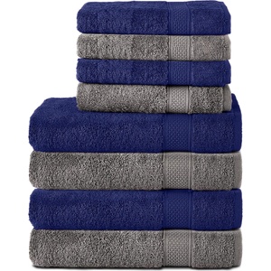 Komfortec set of 8 towels, 4 bath towels 70x140 cm & 4 hand towels 50x100 cm, 100% cotton terry cloth, fluffy and absorbent, anthracite gray/navy blue - 4er-50x100-und-4er-70x140-anth-navy (4er-50x100-und-4er-7