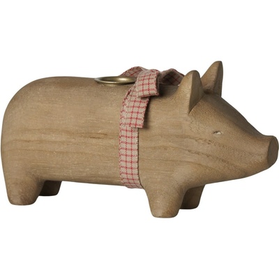 Maileg Svícen Wooden Nature Pig Medium, přírodní barva, dřevo