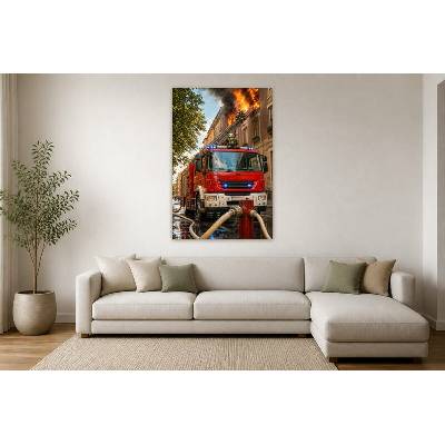 Obraz na plátně – Hasičské auto u hořící budovy 90 × 135 cm