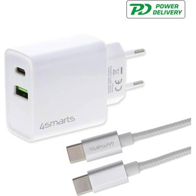4smarts Fast Wall Charger VoltPlug Dual PD QC 18W with USB-C to USB-C cable - захранване за ел. мрежа с PowerDelivery и с USB-C кабел (бял)