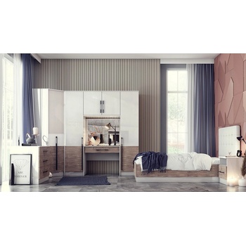 Мебели ДИМОВ Спален комплект с легло персон и половина Калифорния - Конфигурация №7 бял гланц / бял мат / антик