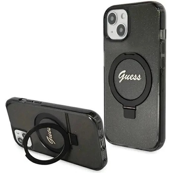 GUESS Кейс Guess Ring Stand Script Glitter MagSafe за iPhone 15 Plus / 14 Plus, черен (3666339156336)