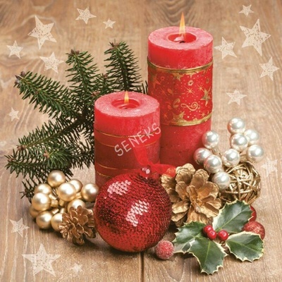 MAKI SLGW 017401 Two Red Candles On Wooden Board servítky 3V vianočné 20ks 33x33cm