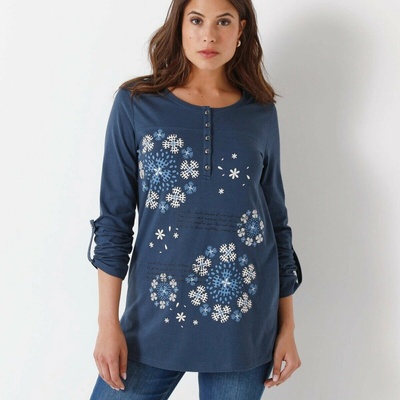 Blancheporte Tunika s výstrihom na gombíky a potlačou modrosivá