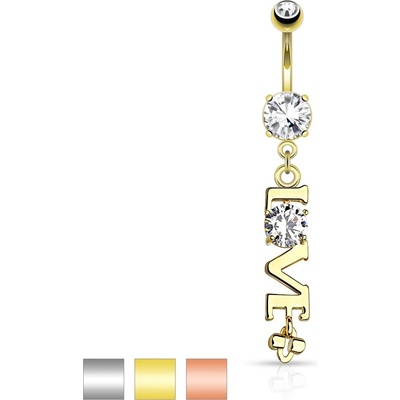 Šperky eshop ocelový piercing do bříška přívěsek nápis LOVE s čirým zirkonem R47.11 stříbrná
