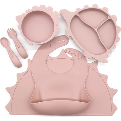 Malý Ježko Silikónový jedálenský set pre deti DINO Powder Pink Honey Cup 6 dielny
