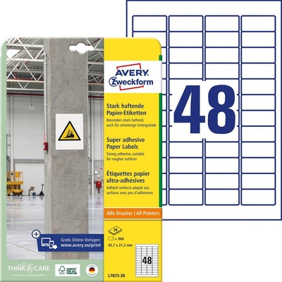 Avery-Zweckform L7873-20 45.7 x 21.2 mm papier biela 960 ks trvalé, silné etikety lepiace