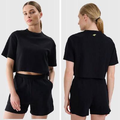 4F Dámske crop top tričko čierne, vaflový úplet