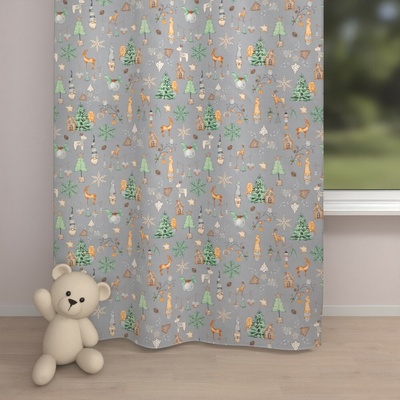 Biante Vianočný bavlnený záves Sandra SA-509 Vianoční škriatkovia a ozdoby na sivom 150x180 cm