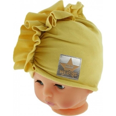 Baby Nellys bavlnená čiapka turban horčicová