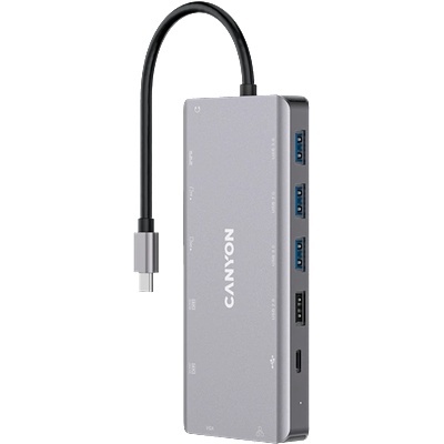 CANYON HUB 13 в 1, USB-C, 3xUSB3.0, 1xUSB2.0, 2xHDMI, VGA, Ethernet, Audio, SD/microSD, сив - CNS-TDS12 (CNS-TDS12)