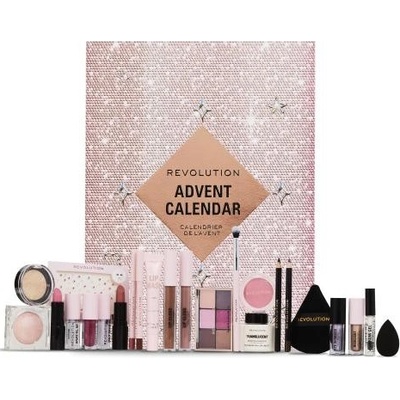 Makeup Revolution London Advent Calendar 2024 rtěnka 4 ks + lesk na rty 3 ks + tužka na rty 2 ks + maska na rty 1 ks + olej na rty 1 ks + štětec na oči 1 ks + mini paletka Reloaded 1 ks + tekuté stíny