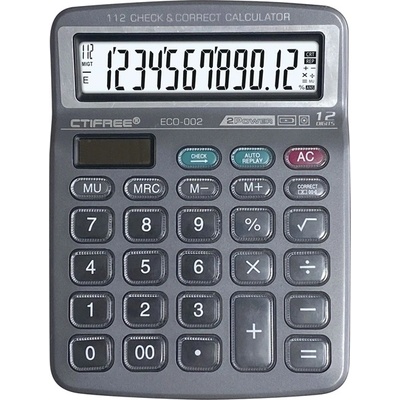 CTIFREE ECO-002 черен калкулатор, 138x178mm, 12 цифри, двойно захранване, 2 години гаранция ECO-002(SDC-3822C) (ECO-002(SDC-3822C))