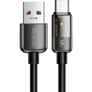 Mcdodo Кабел за данни - Mcdodo (CA-3150) - USB → Type-C, 6A, Super Charge, прозрачен дизайн, Auto Power Off, 1.2m - Черен