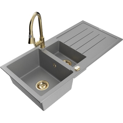 Mexen Andres гранитна мивка с 1, 5 камери с отцедник и кухненски смесител Elia, сив - 6515-71-670101-50 (6515-71-670101-50)