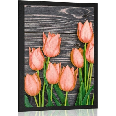 Plakát oranžové tulipány na dřevěném podkladu - 40x60 silver