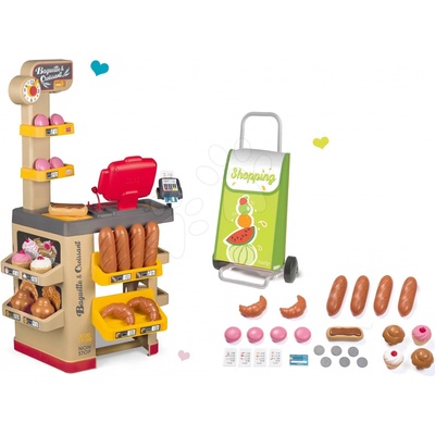 Smoby Baguette&Croissant Bakery set pekáreň s koláčmi s elektronickou pokladňou a nákupný vozík na kolieskach