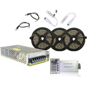  Комплект 15 m LED лента RGB с RF контролер, 10 A захранване , усилватели + подарък конектори (01134)