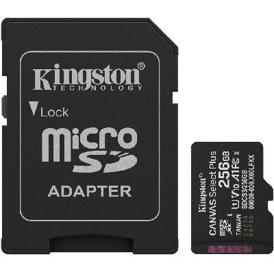 Карта памет Kingston - Canvas Select Plus, 256GB, microSD, C10 + адаптер (SDCS3/256GB)