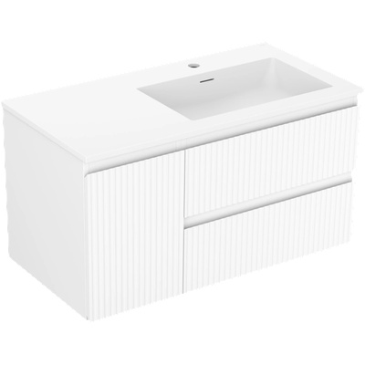 Mexen Rivel баня шкаф 90 см с мивка Otis дясна, 2S, 1D, оребрена, бяла мат (91A23-09047-3-BBFFF01-W18P01)