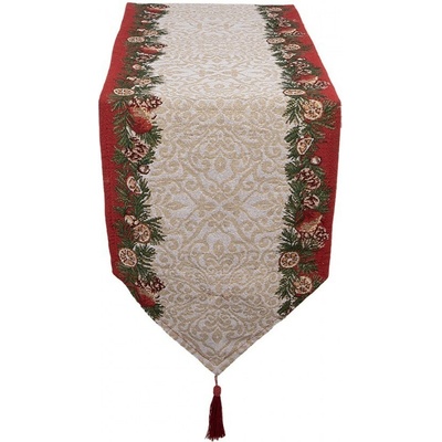 Clayre & Eef Béžovo-červený látkový behúň s vločkami a strapcami 33x180 cm