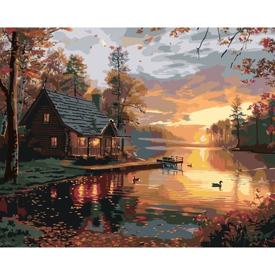 ZUTY MÓLO A CHATA PRI JAZERE A ZÁPAD SLNKA Rámovanie vypnuté plátno na rám Rozmer 40 x 50 cm