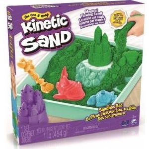 Spin Master Kinetic Sand Sandbox Set, 1lb Green Play Sand, Sandbox Storage, 4 Molds and Tools, Sensory Toys for Kids Ages 3+