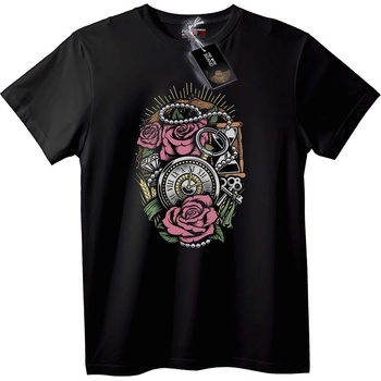 NOONEBRAND Тениска Стиймпанк Роза и Джобен Часовник - XL, Black